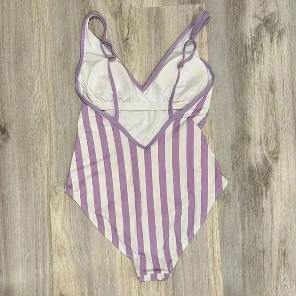 Kona Sol Purple Stripe V Neck Low Back High Leg One Piece Swimsuit Size L - Picture 2 of 9